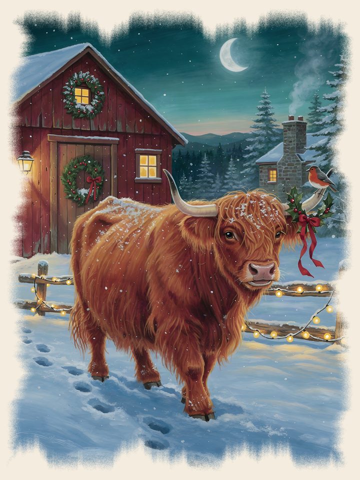 Highland Cow Christmas vintage wildlife t-shirt design